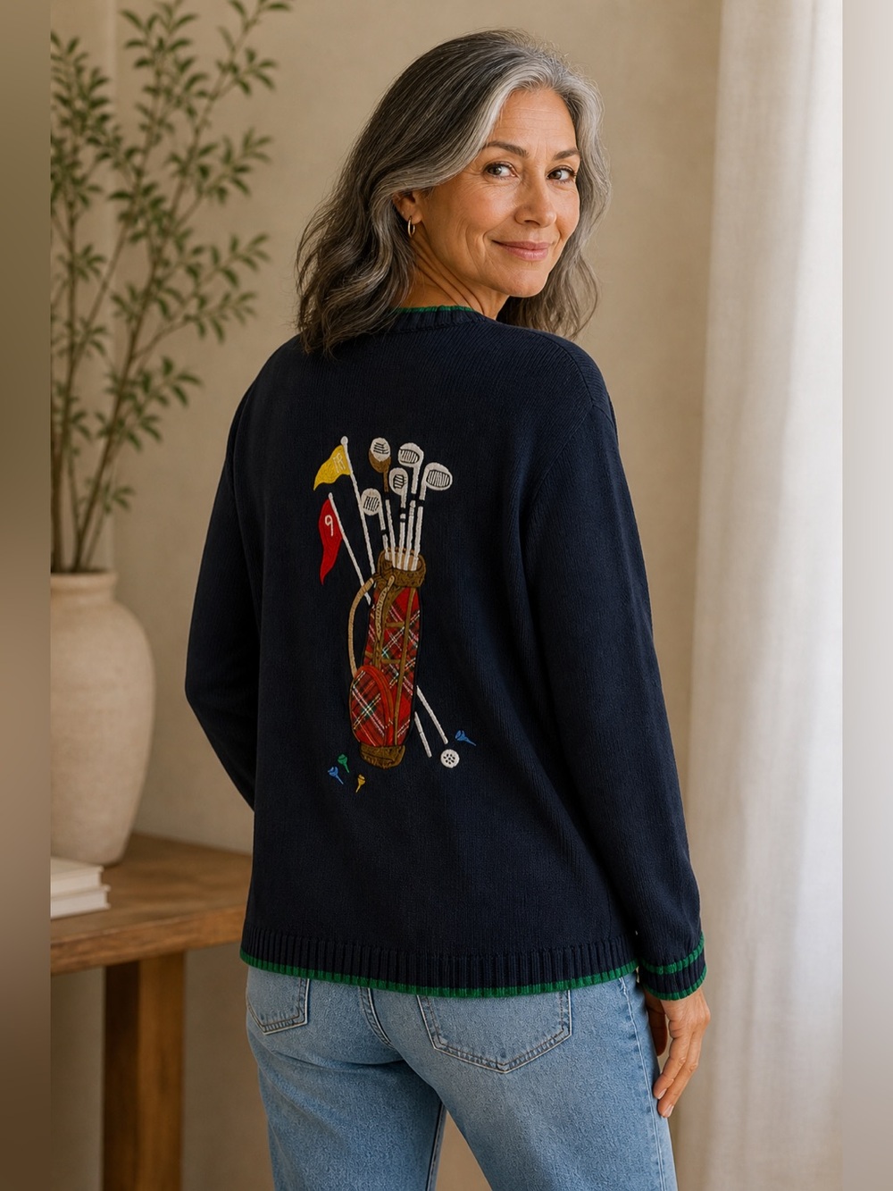 Talbots Petite Vintage Golf Cardigan Embroidered Navy Sz small - Picture 2 of 8